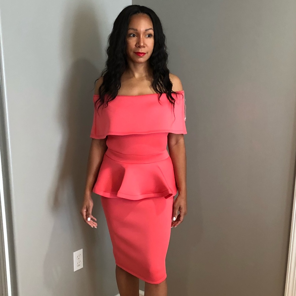 Coral off shoulder midi dress